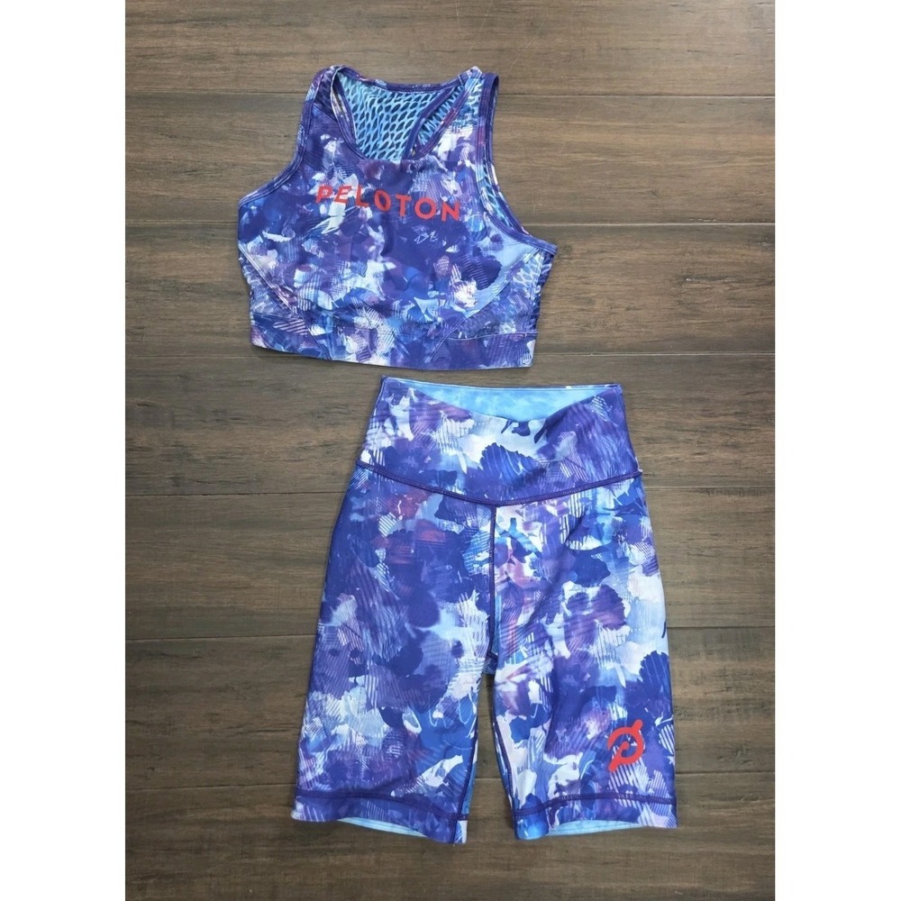 Peloton X WITH Blue Moves High Neck Sports Bra & Reversible Biker Shorts Small